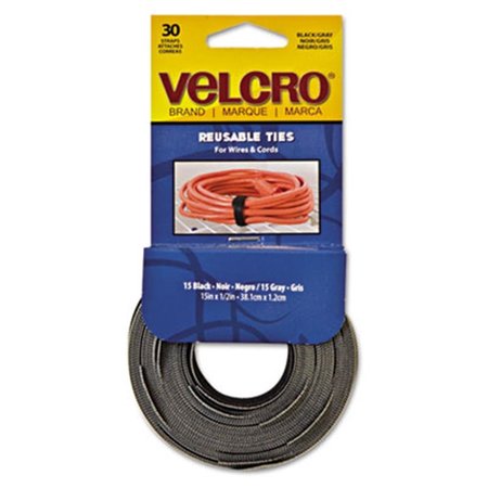 VELCRO BRAND Hook Eye Adhesive 94257 Reusable Self-Gripping Cable Ties  .5 x 15 inches  Black-Gray  30 Ties Each 94257